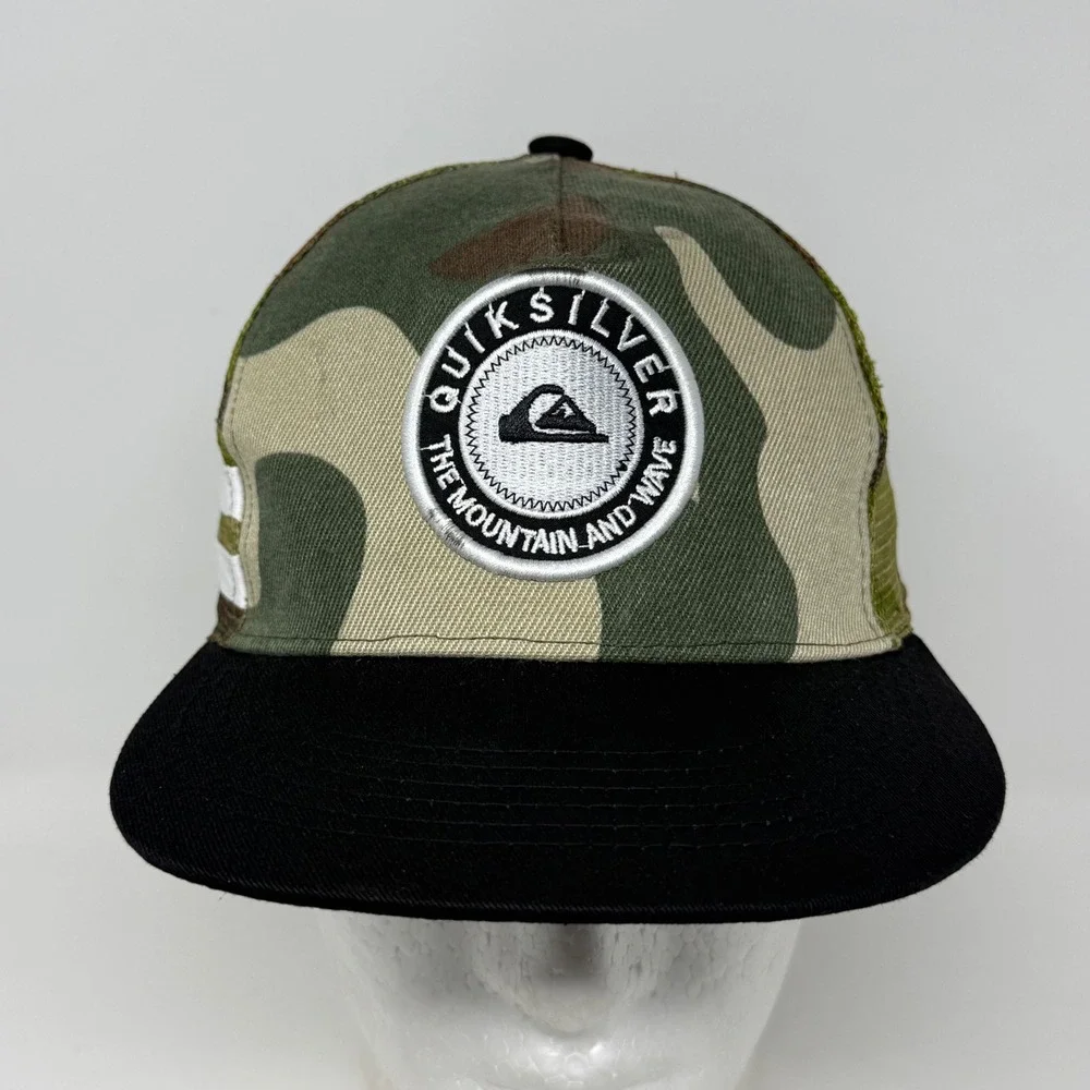 Quiksilver Mens Camo Trucker Hat Black‎ Flat Brim Mesh Snapback Cap Logo Patch